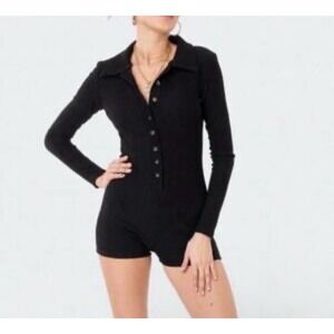 Edikted Womens Kelsy Black Ribbed Long Sleeve Button Down Romper Jumpsuit Size S